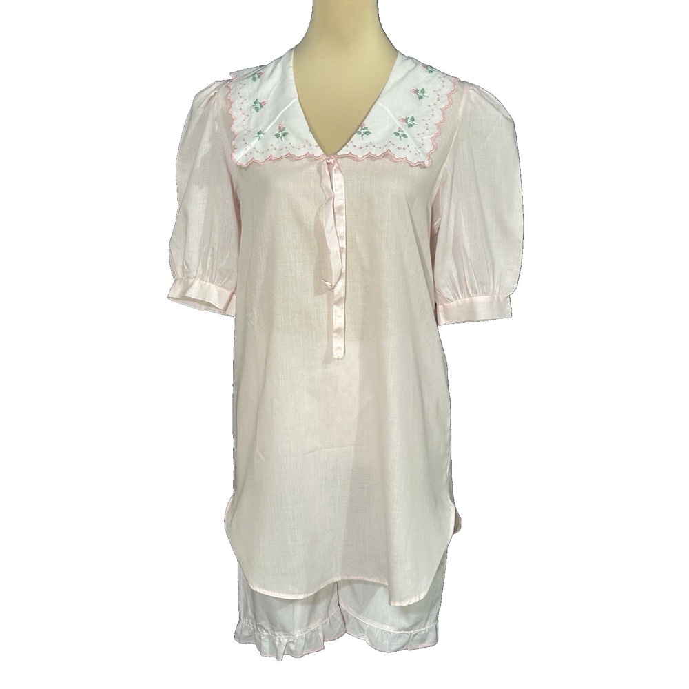 Vtg 70s Womens Babydoll Pajama Set Pink Sleepwear Top And Bloomers XS/S
